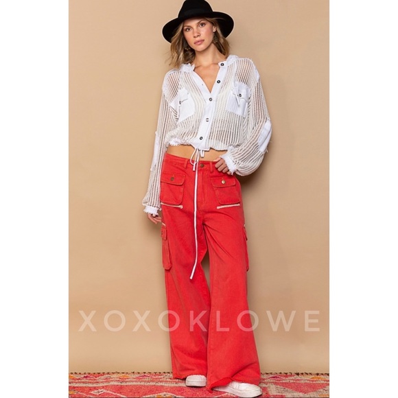 POL Red Cargo Pants Wide Leg Loose Slouchy Fit - Picture 8 of 15